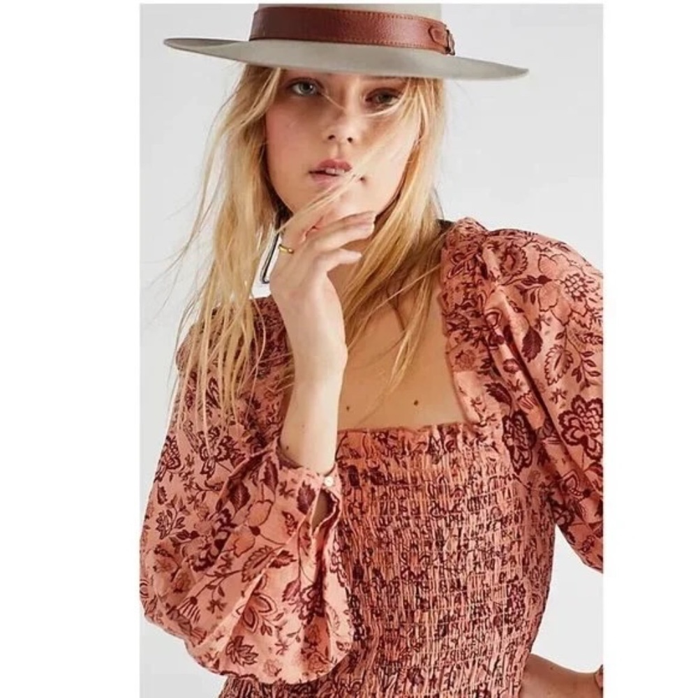 NEW Free People Smock It To Me Floral Print Puffed Sleeve Smocked Bodycon Dress - Picture 5 of 5